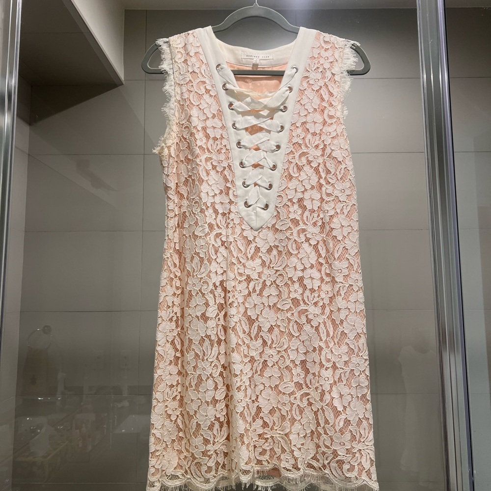 Endless Rose white lace with blush underlay dress